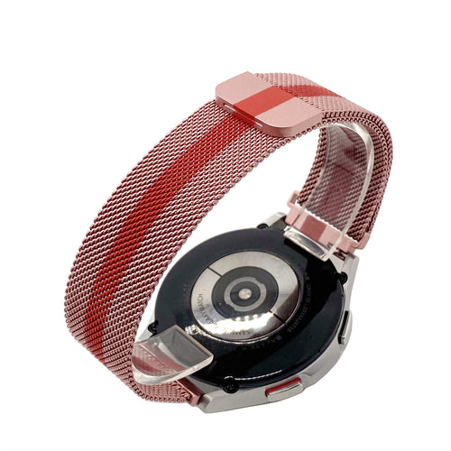 Milanese Strap, red/pink, on a watch, 3/4 rear view