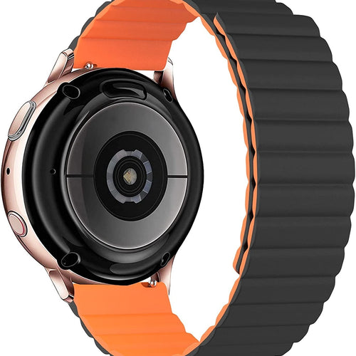 Magnetic Silicone Strap, black/orange, on a watch, 3/4 rear view