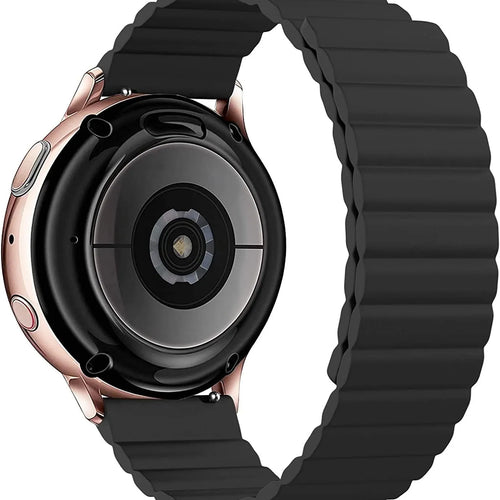 Magnetic Silicone Strap, black, on a watch, 3/4 rear view