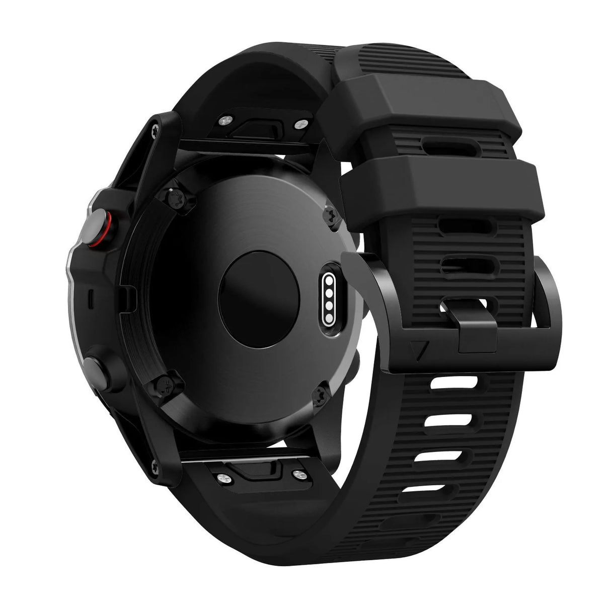 Silicone Strap, black, on a watch, 3/4 rear view