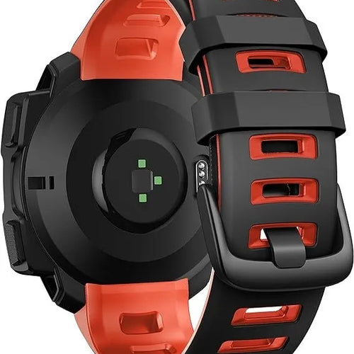 Silicone Sport Strap, black/red, on a watch, 3/4 rear view