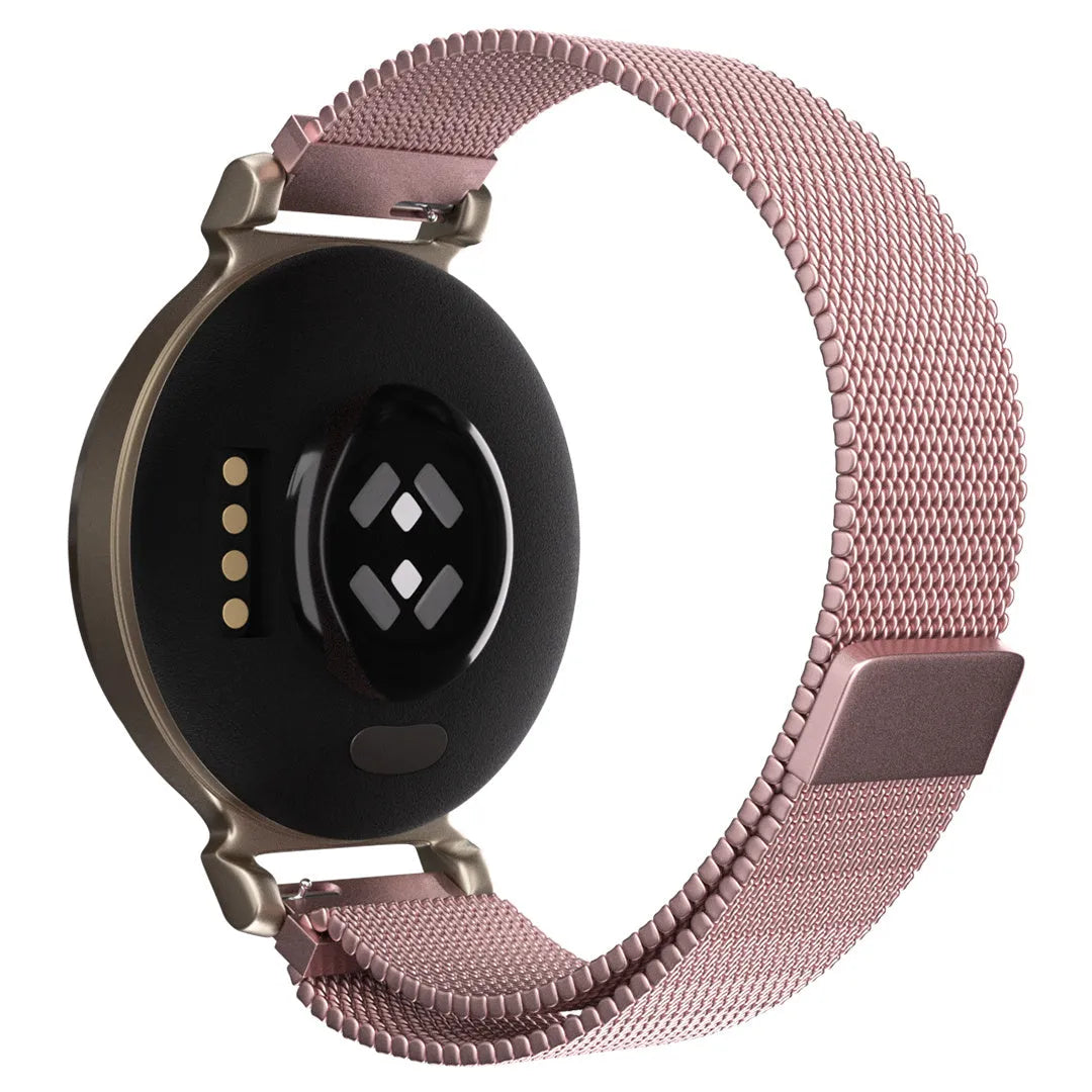 Milanese Strap, pink, on a watch, 3/4 rear view