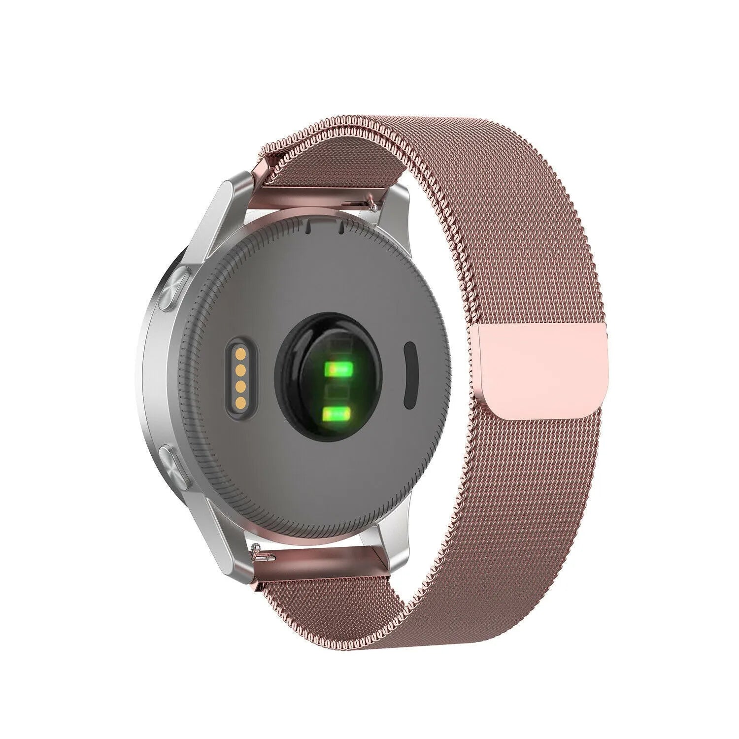 Milanese Strap, pink, on a watch, 3/4 rear view