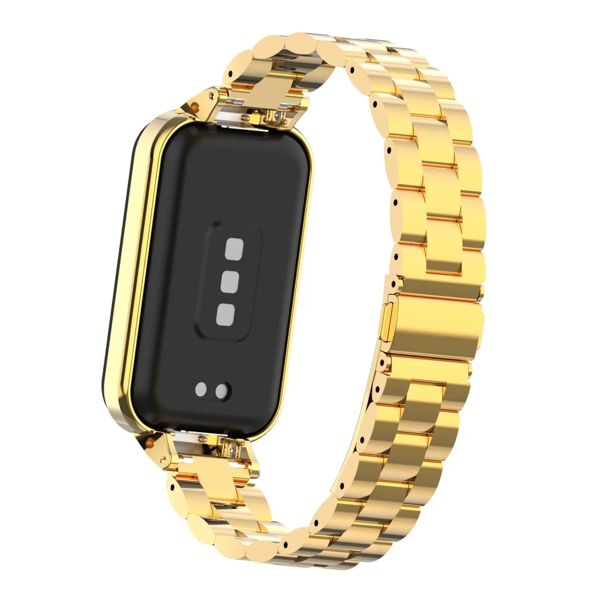 Steel Strap, gold, on a watch, 3/4 rear view