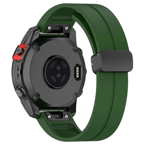 D-Buckle Silicone Strap, army green, on a watch, 3/4 rear view
