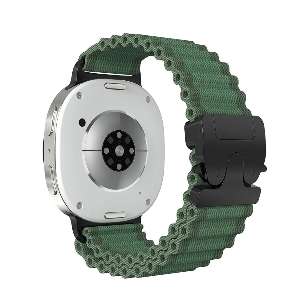 Outdoor Nylon Strap with P-Buckle, green with black, on a watch, 3/4 rear view