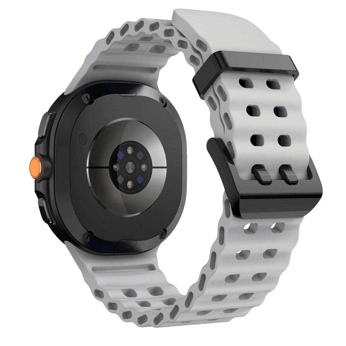 Silicone Ocean Strap, grey, on a watch, 3/4 rear view