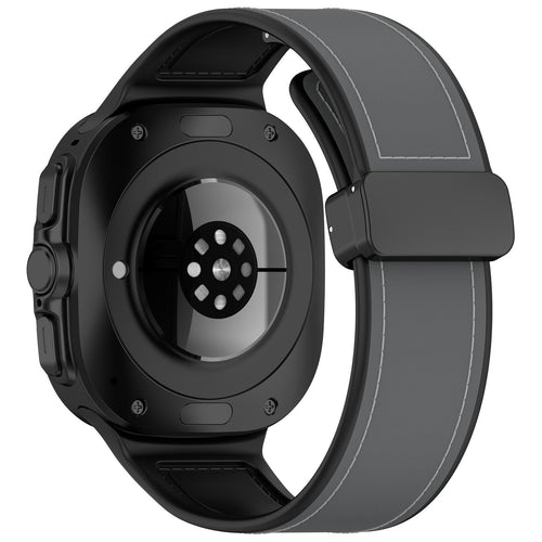 Leather Hybrid Strap, grey, on a watch, 3/4 rear view