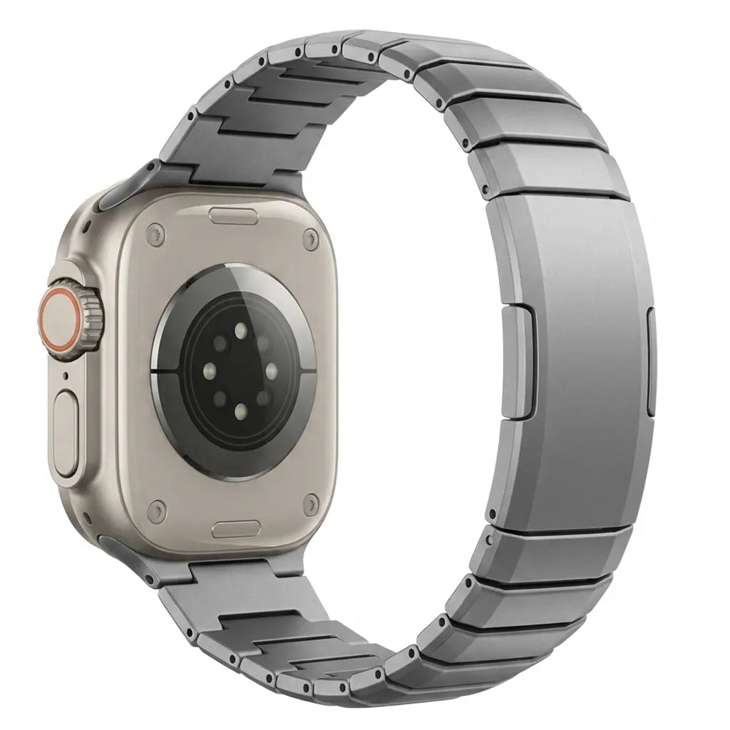 One Bead Titanium Strap, graphite, on a watch, 3/4 rear view