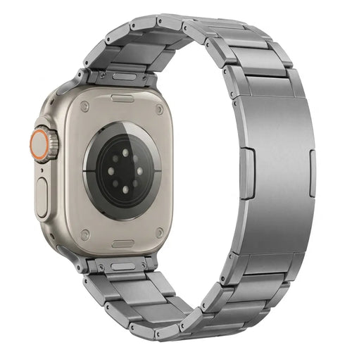Refined Titanium Strap, graphite, on a watch, 3/4 rear view
