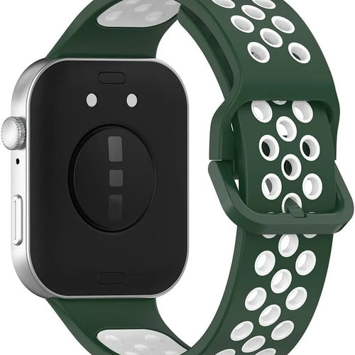 Silicone Sport Strap, green/white, on a watch, 3/4 rear view