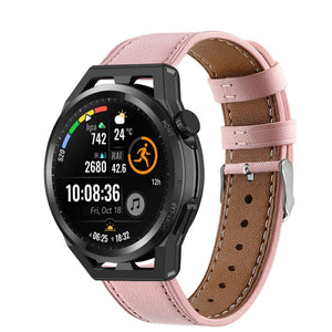 Modern Leather Strap, pink, on a watch, 3/4 rear view