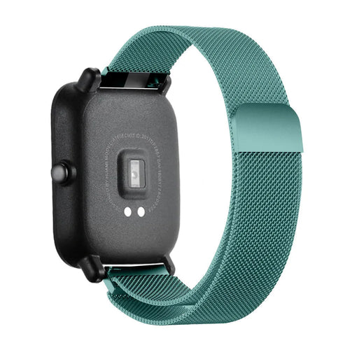 Milanese Strap, green, on a watch, 3/4 rear view