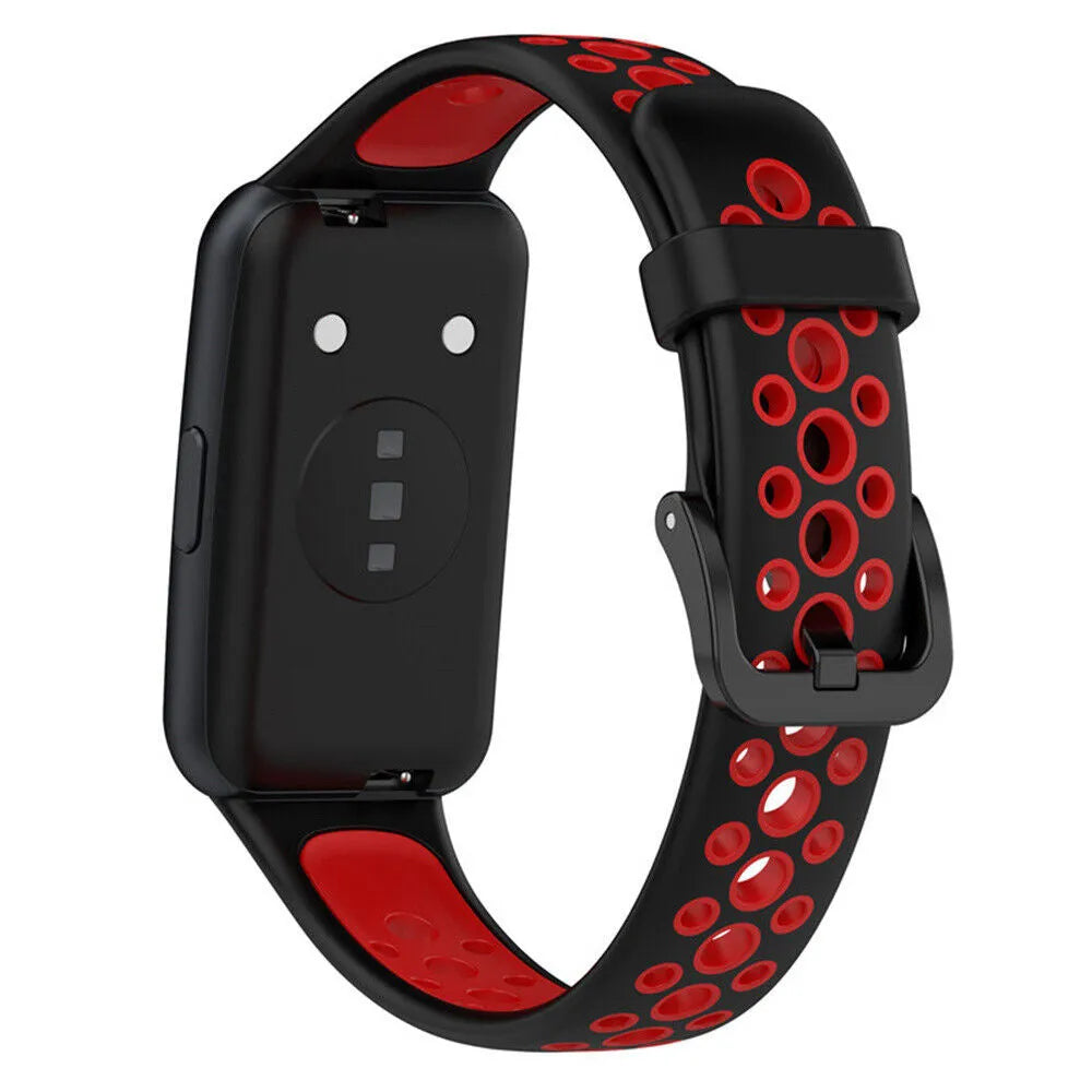 Silicone Sport Strap, black/red, on a watch, 3/4 rear view