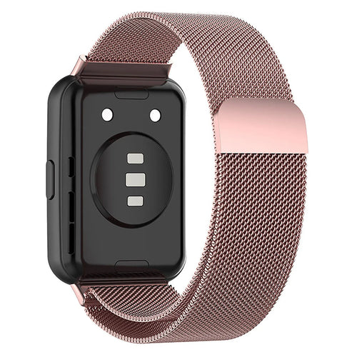 Milanese Strap, pink, on a watch, 3/4 rear view