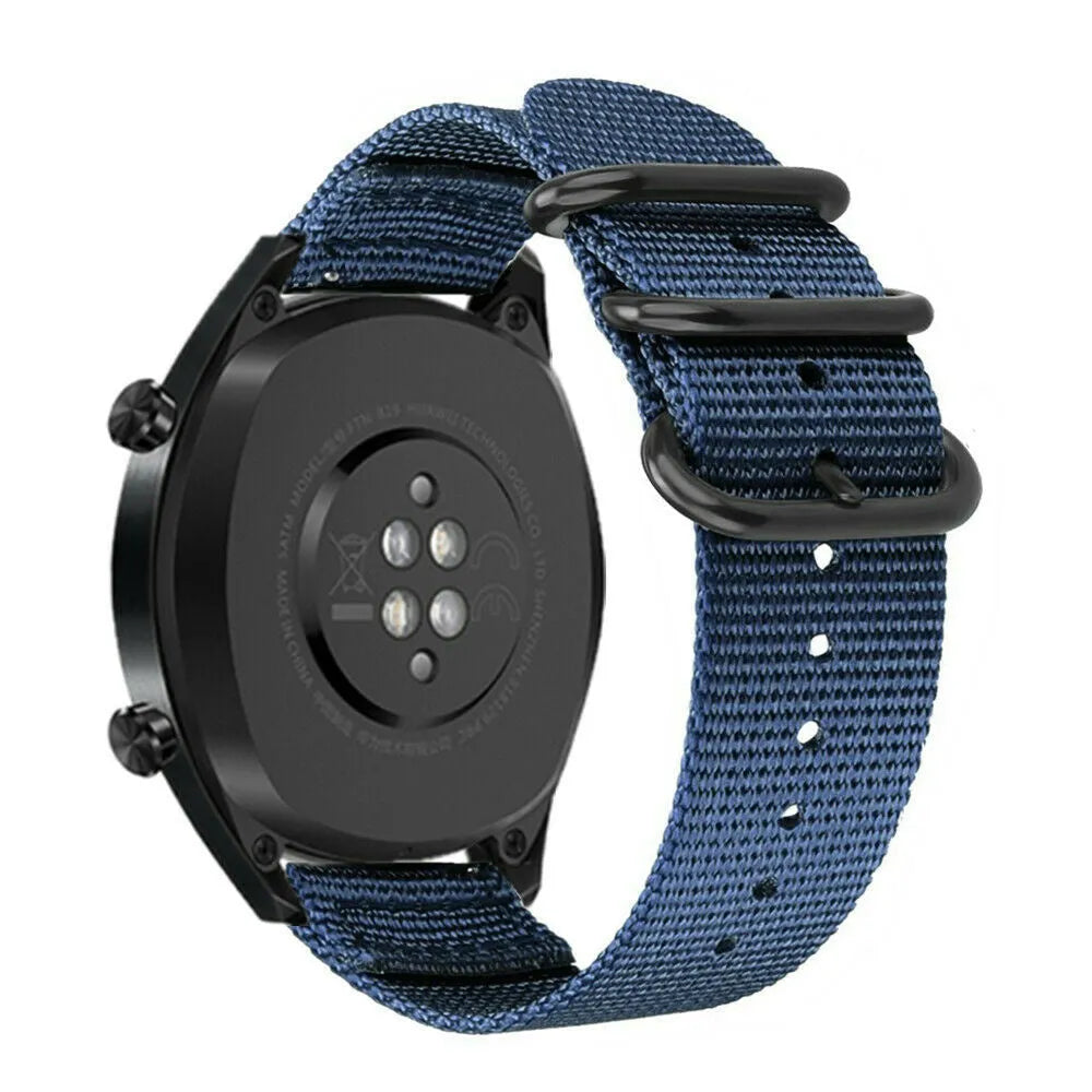 Nylon Buckle Strap, blue, on a watch, 3/4 rear view