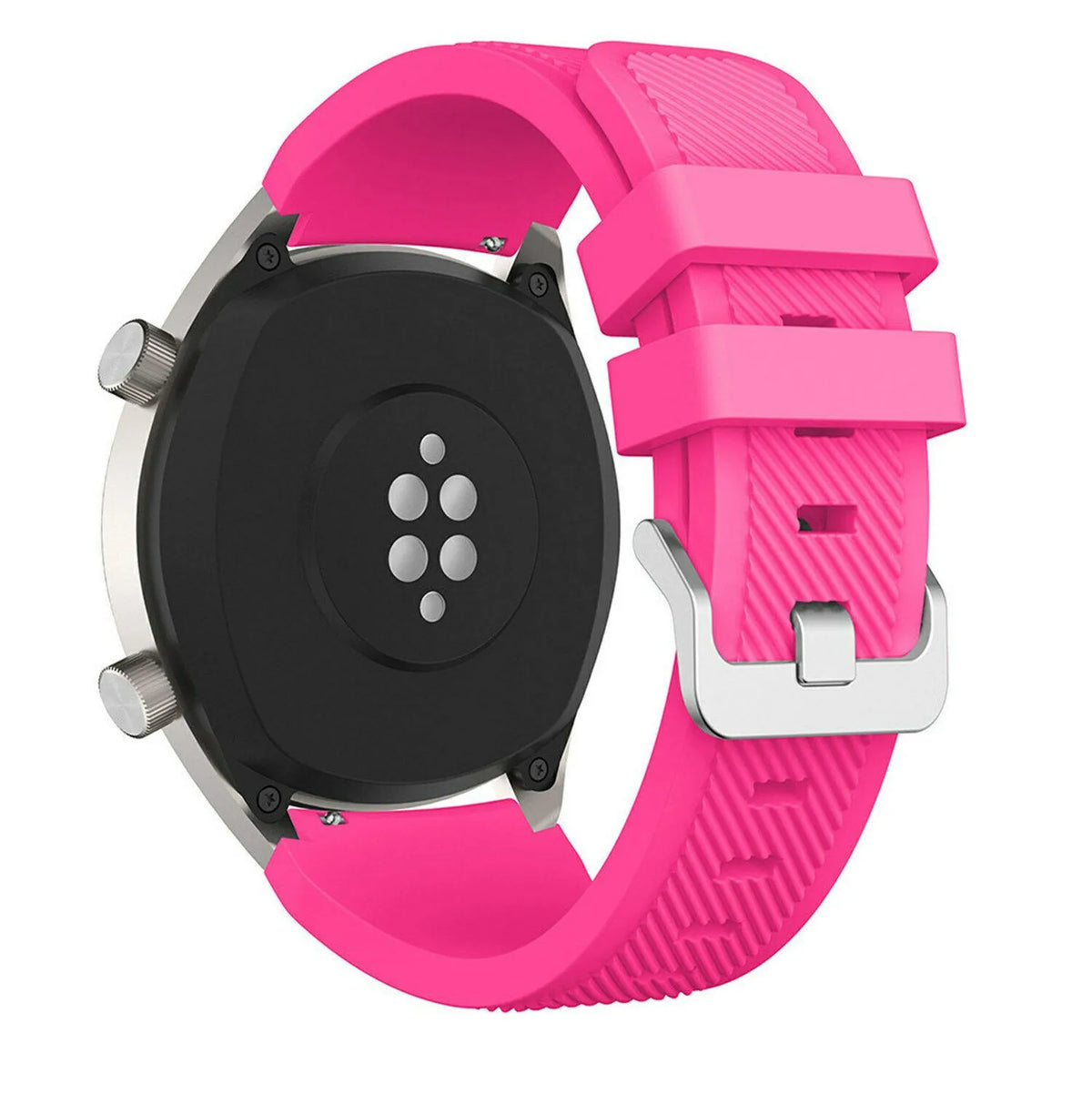 Twill Silicone Strap, bright pink, on a watch, 3/4 rear view