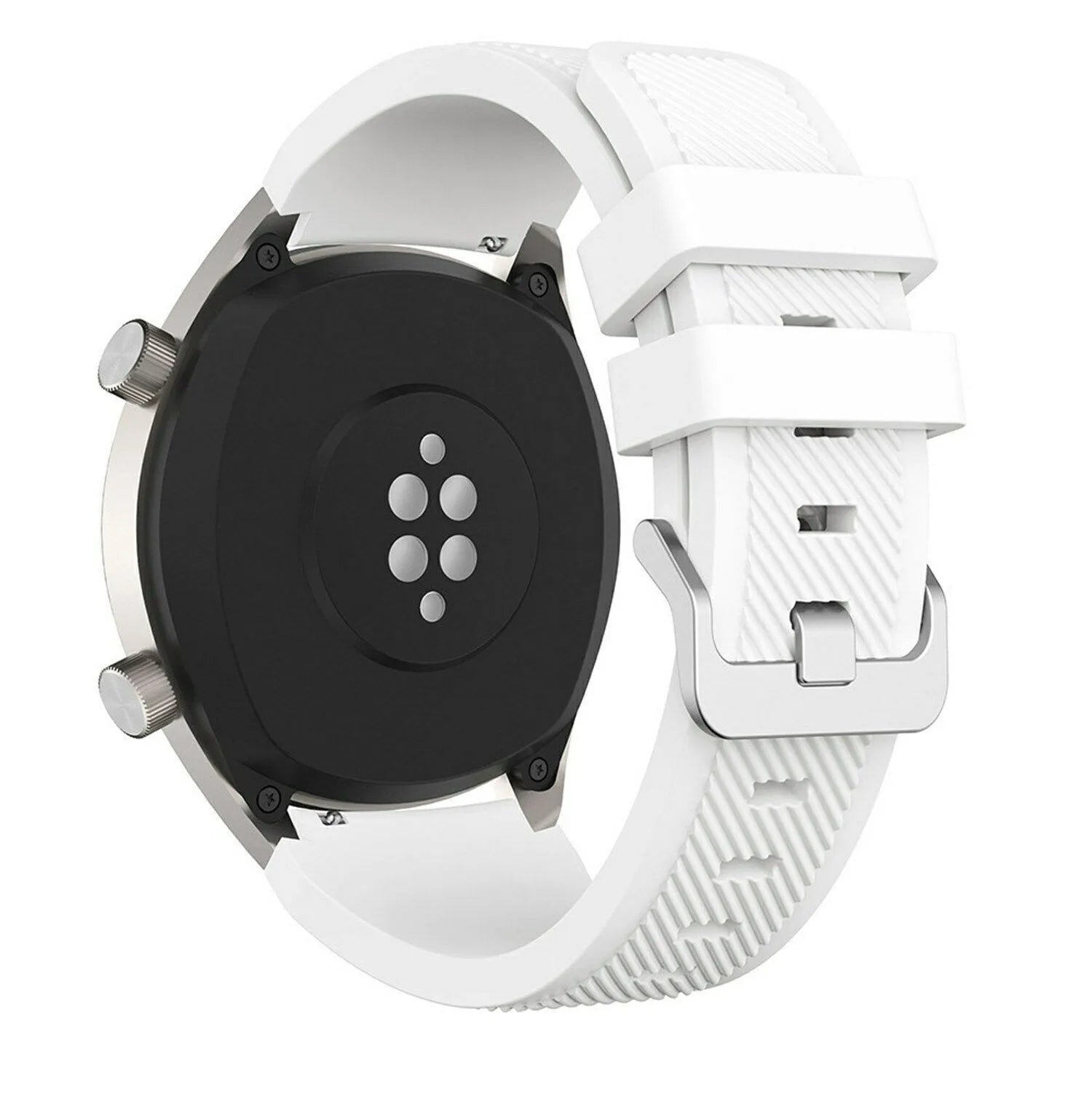 Twill Silicone Strap, white, on a watch, 3/4 rear view