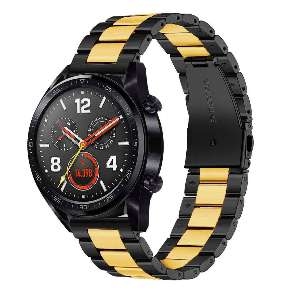 Steel Strap, black/gold, on a watch, 3/4 rear view