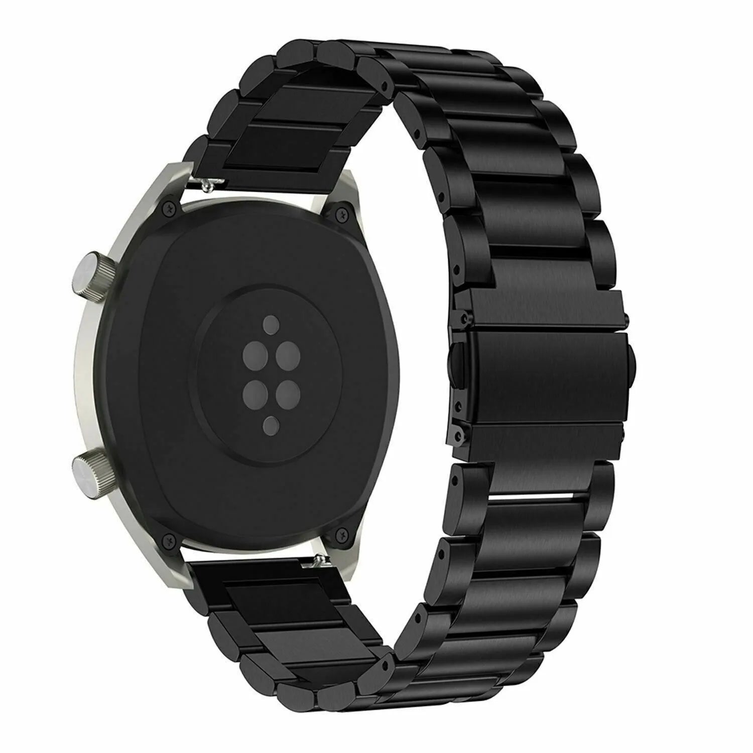 Steel Strap, black, on a watch, 3/4 rear view