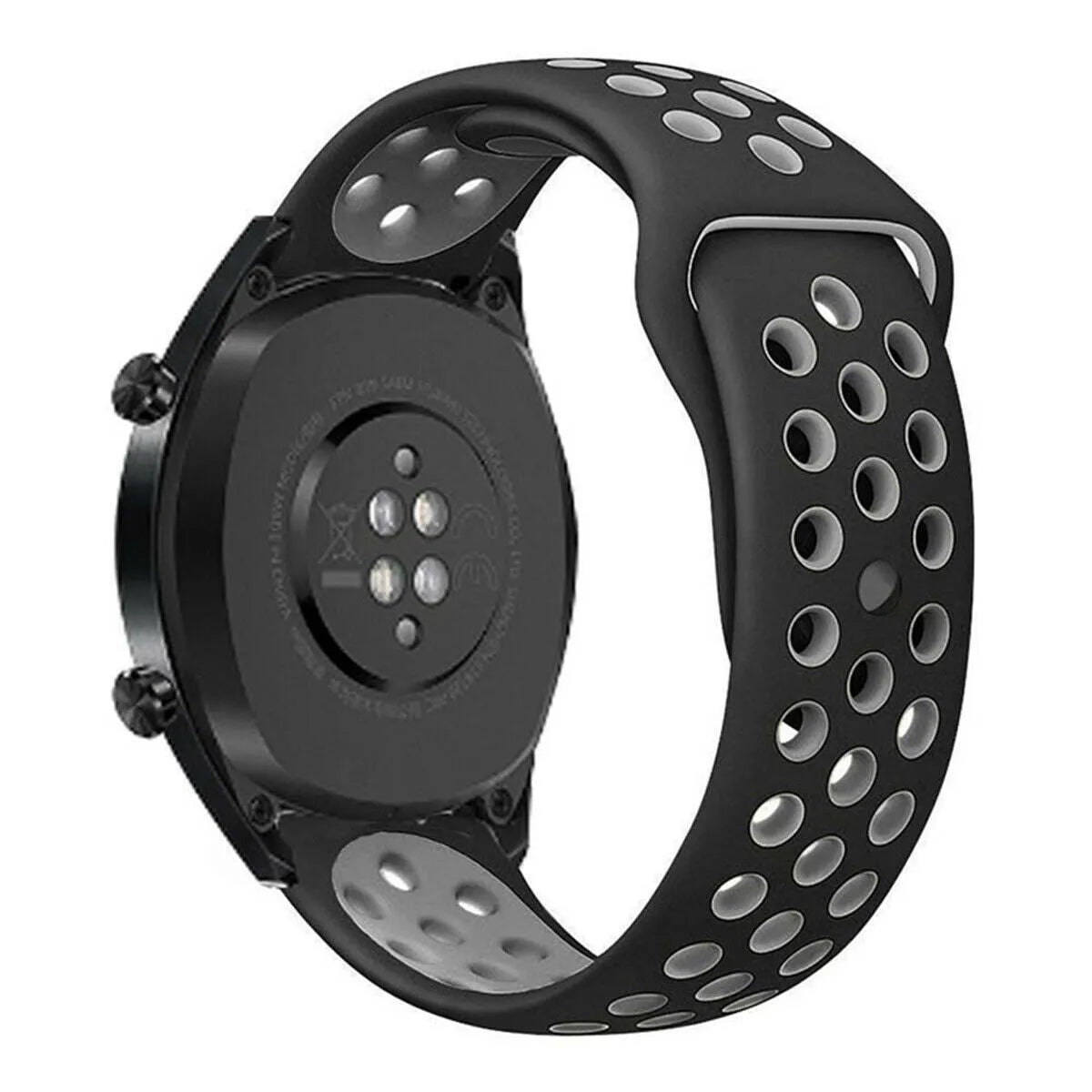 Silicone Sport Strap, black/grey, on a watch, 3/4 rear view