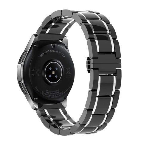 Metal Ceramic Link Strap, black/silver, on a watch, 3/4 rear view