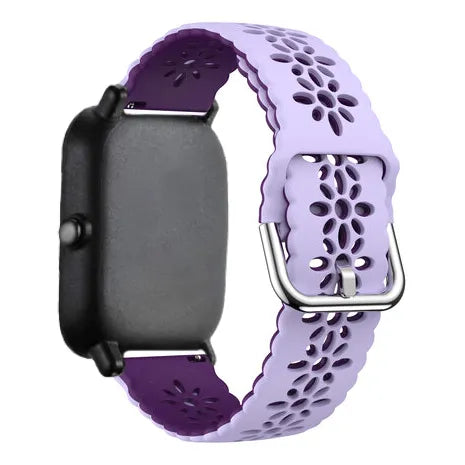 Patterned Silicone Strap, lilac/purple, on a watch, 3/4 rear view