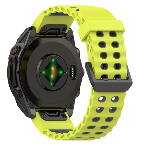 Silicone Wave Sport Strap, lime/dark grey, on a watch, 3/4 rear view