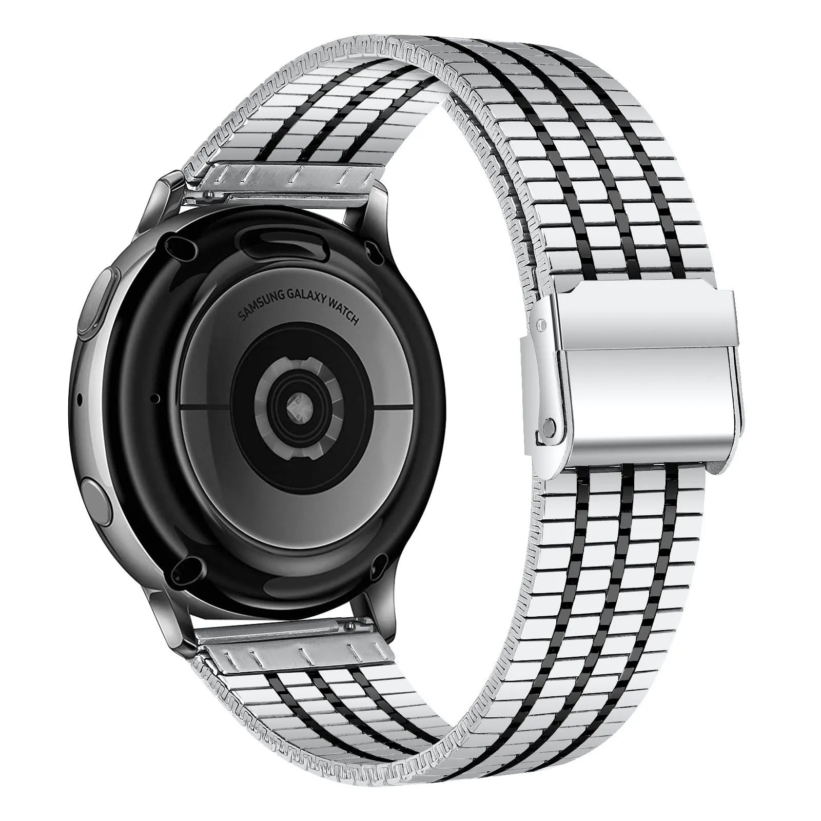 Fine Steel Strap, silver/black, on a watch, 3/4 rear view