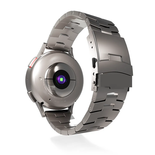 Titanium Grain Strap, silver, on a watch, 3/4 rear view