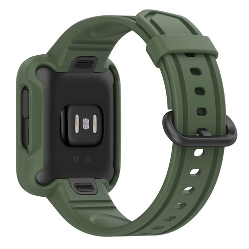Silicone Strap with Frame, dark green, on a watch, 3/4 rear view
