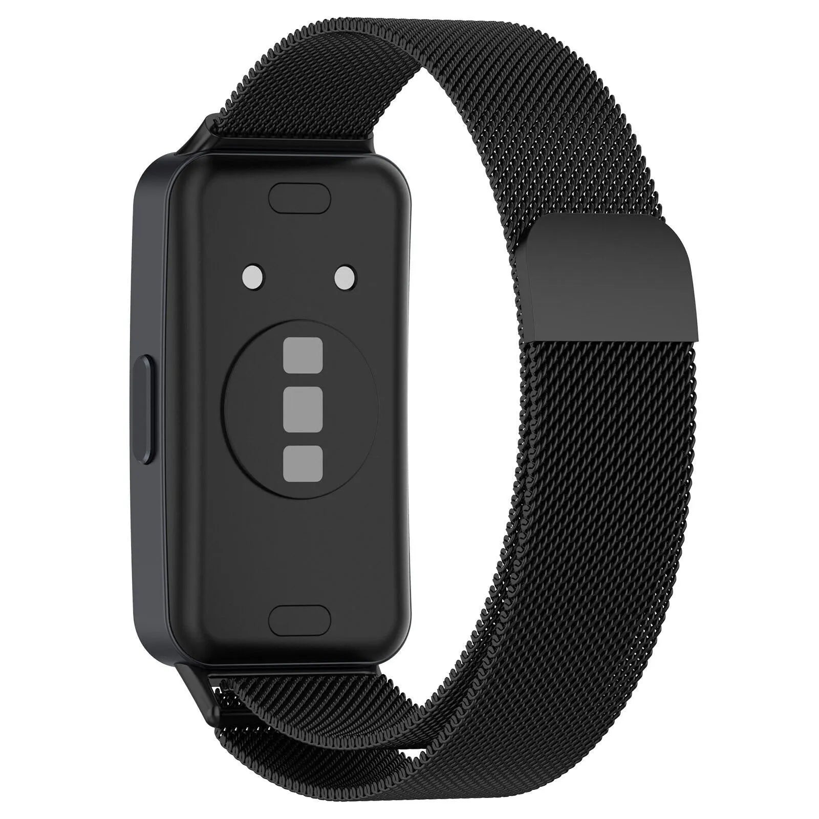 Milanese Strap, black, on a watch, 3/4 rear view