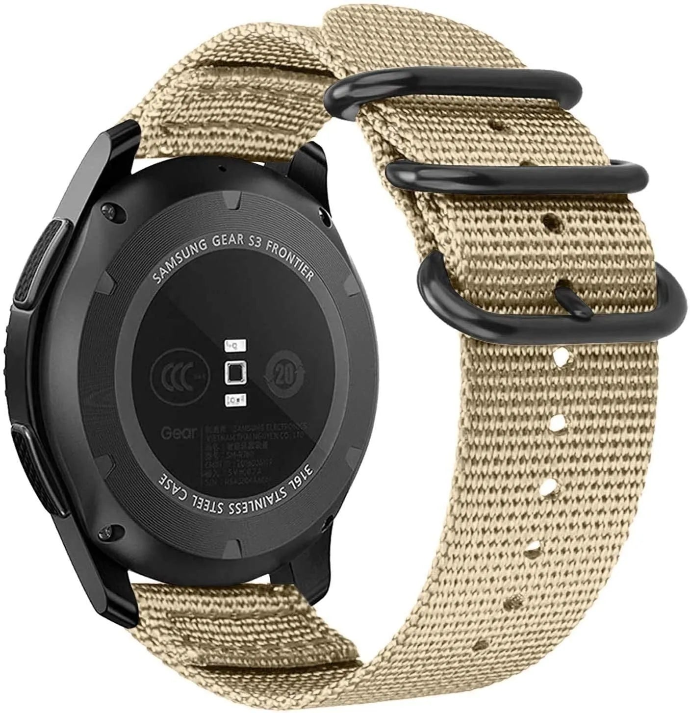 Nylon Buckle Strap, khaki, on a watch, 3/4 rear view