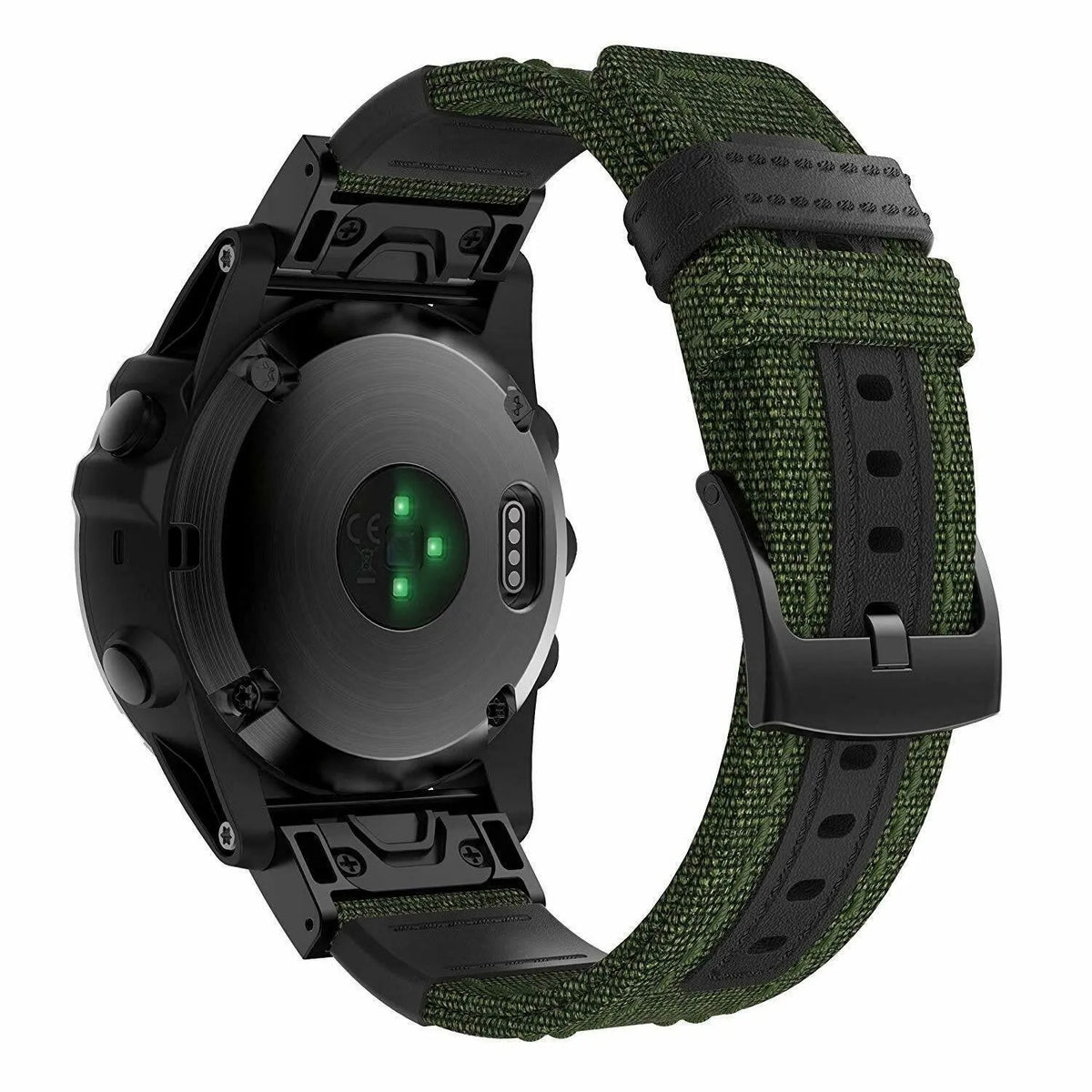 Nylon Hybrid Strap, army green, on a watch, 3/4 rear view