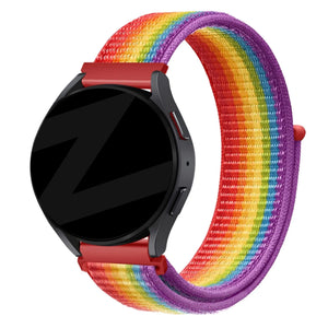 Nylon Loop Strap, rainbow, on a watch, 3/4 rear view