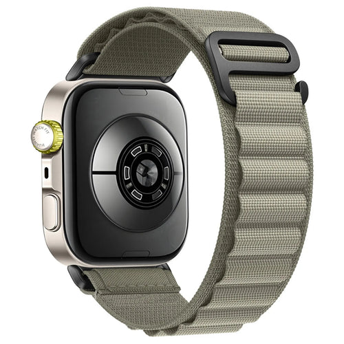 Alpine Nylon Strap, olive green, on a watch, 3/4 rear view