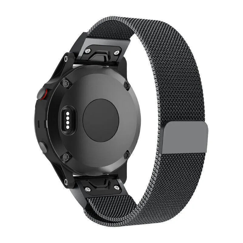 Milanese Strap, black, on a watch, 3/4 rear view