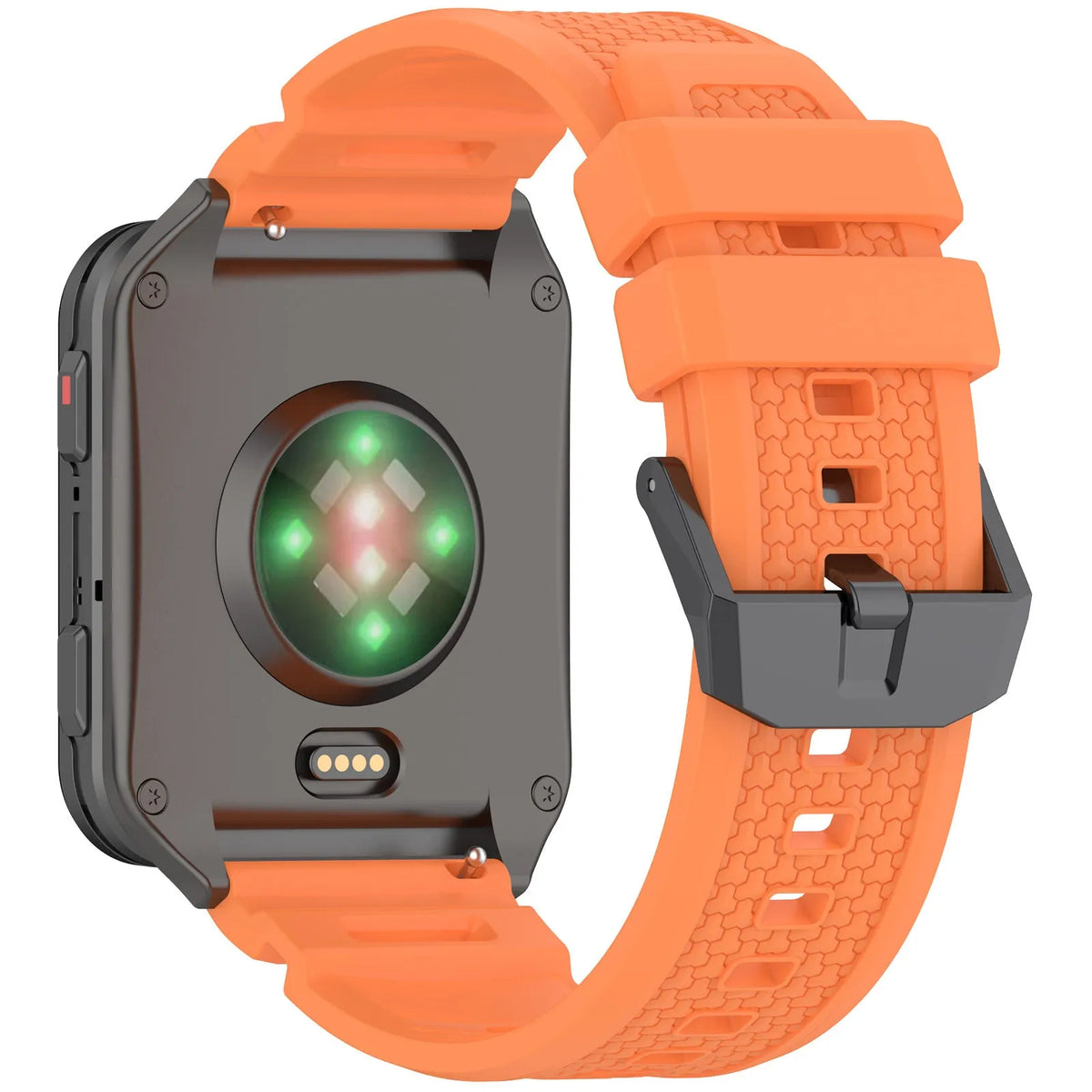 Silicone Strap, orange, on a watch, 3/4 rear view