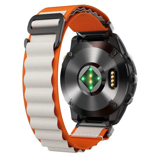 Alpine Nylon Strap, orange/beige, on a watch, 3/4 rear view