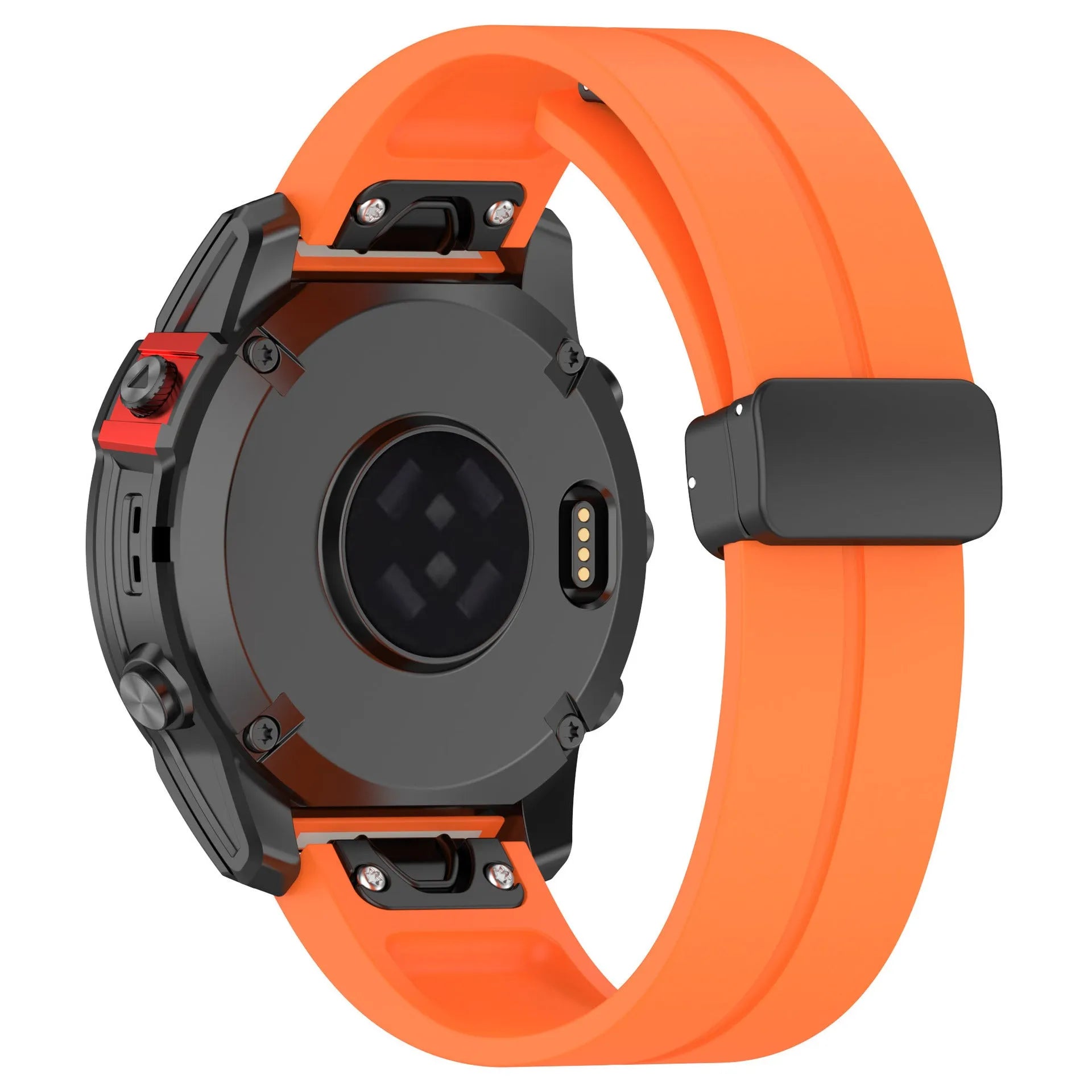 D-Buckle Silicone Strap, orange, on a watch, 3/4 rear view