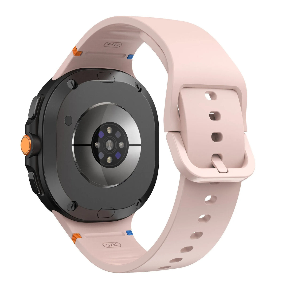 Silicone Strap, pink, on a watch, 3/4 rear view