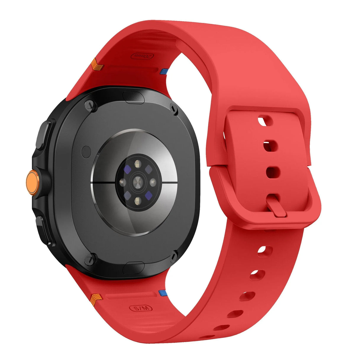 Silicone Strap, red, on a watch, 3/4 rear view