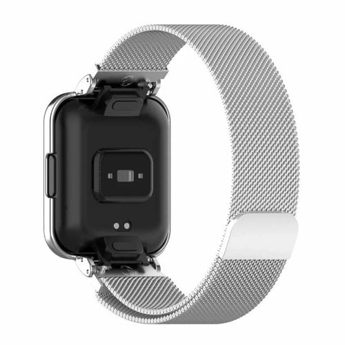 Milanese Strap, silver, on a watch, 3/4 rear view