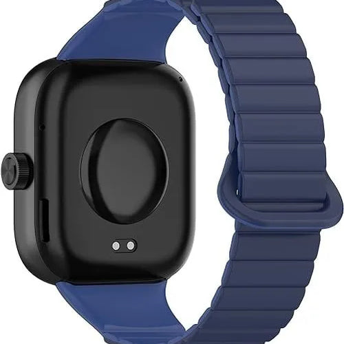 Magnetic Silicone Strap, duo blue, on a watch, 3/4 rear view