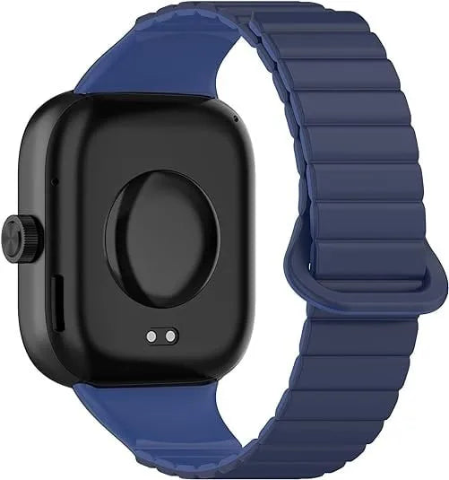 Magnetic Silicone Strap, duo blue, on a watch, 3/4 rear view
