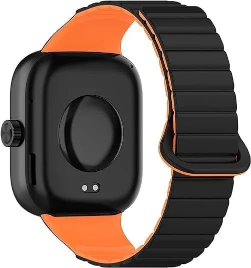 Magnetic Silicone Strap, black/orange, on a watch, 3/4 rear view