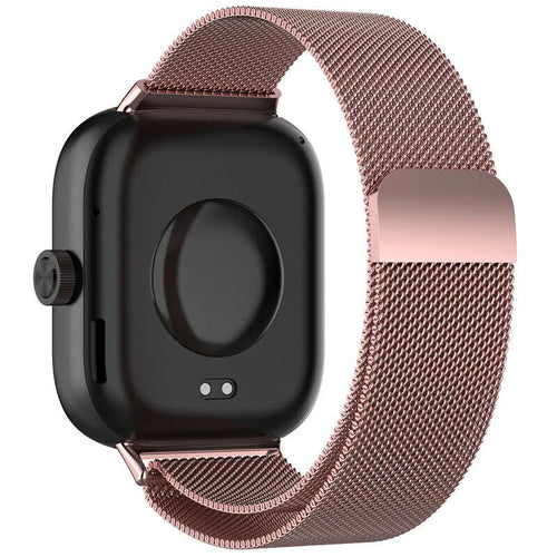 Milanese Strap, pink, on a watch, 3/4 rear view