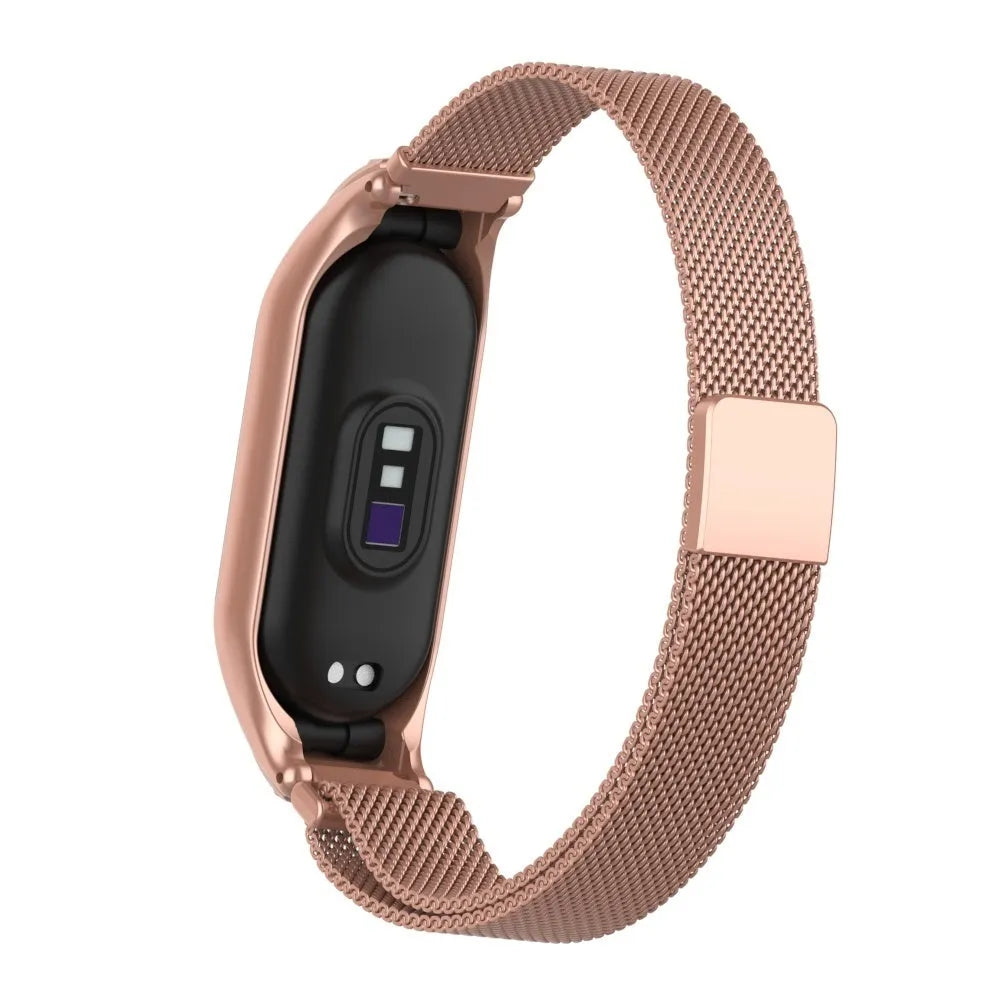 Milanese Strap, pink, on a watch, 3/4 rear view