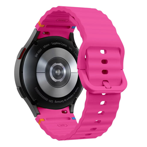 Wave Silicone Strap, bright pink, on a watch, 3/4 rear view