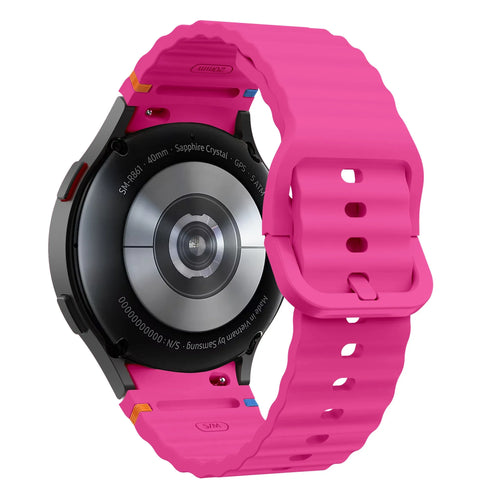 Wave Silicone Strap, bright pink, on a watch, 3/4 rear view
